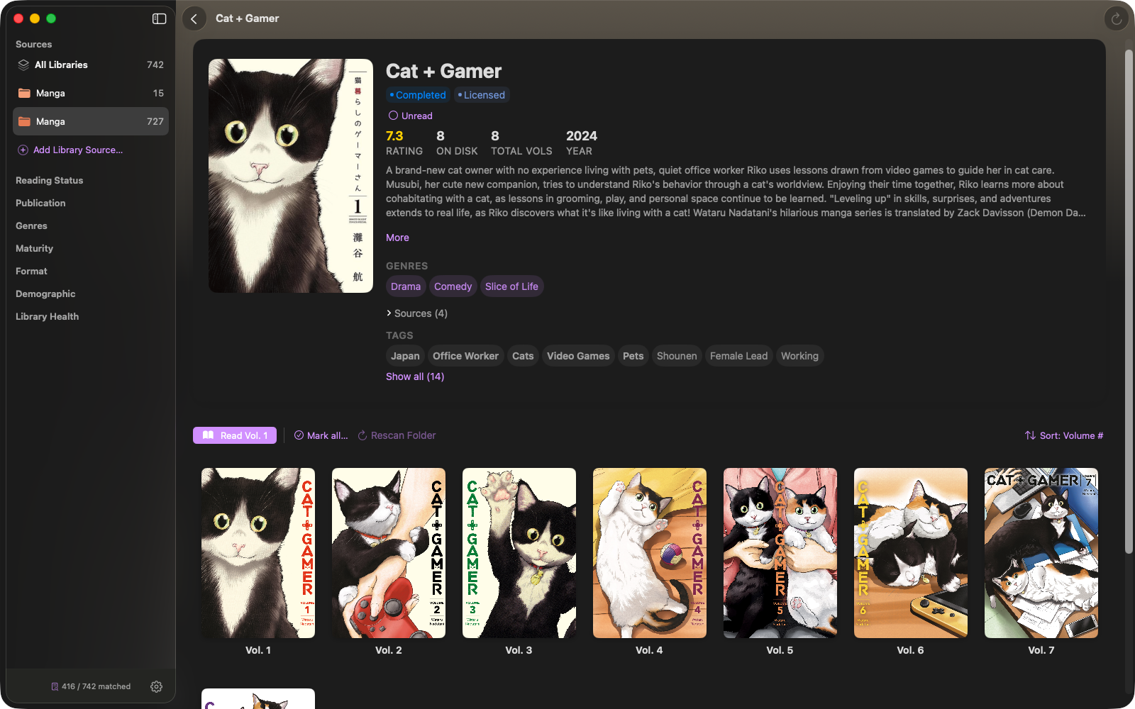 Torika series detail page showing volume grid, cover, genres, and metadata