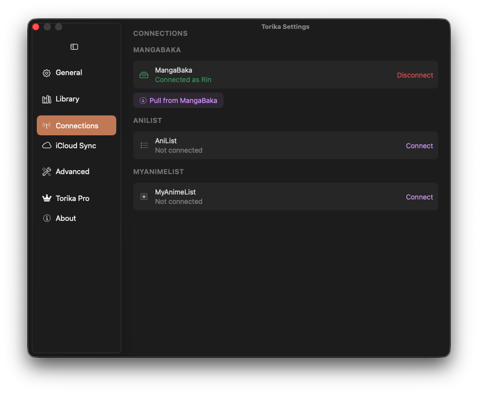 Torika Settings screen showing MyAnimeList, AniList, and MangaBaka connected as trackers