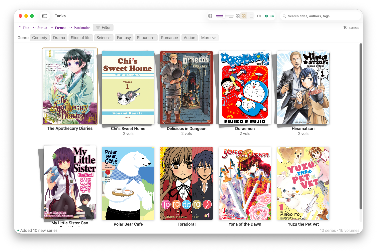 Torika library on Mac — a grid of manga, manhwa, comic and light novel covers with genre filters across the top