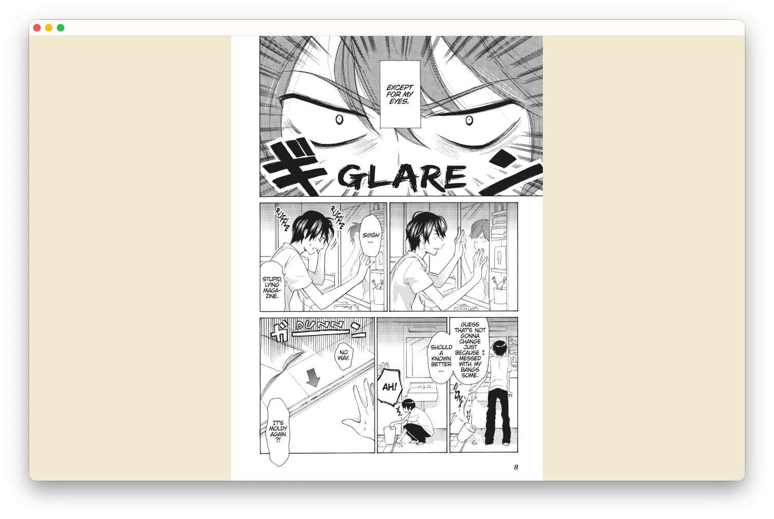 Torika reader showing a manga page — black-and-white panels with sharp borders and original typography